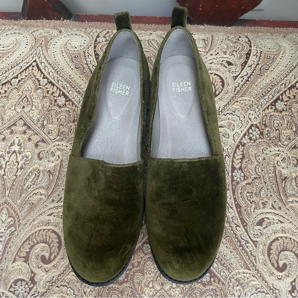 Eileen Fisher Demi Velvet Slip On Loafers Olive Green Round Toe Shoes Size 8.5 - Picture 7 of 10
